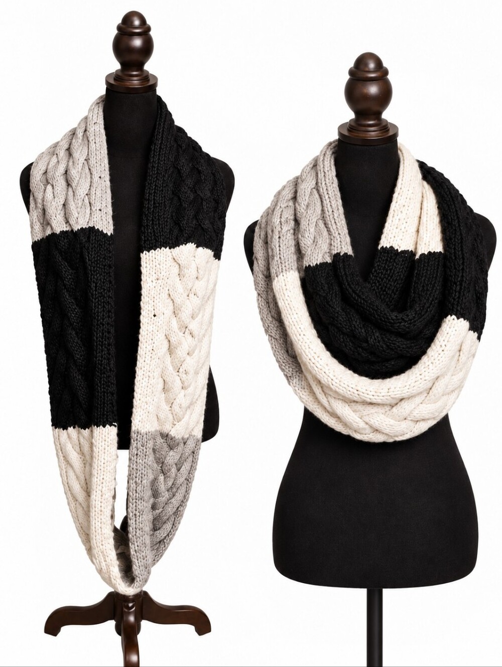 Chunky Cable Knit Colorblock Infinity Scarf – Black Cream Gray